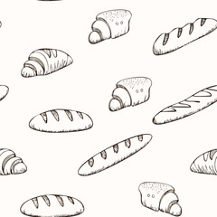 Hand-Drawn Bread Pattern Vector – Line Art Style with Croissants, Baguettes, and Pastries
