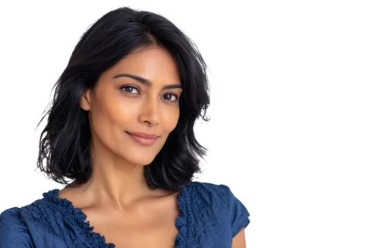 A young Indian woman with shoulder-length black hair smiles and looks at the camera, wearing a blue blouse against a white background.