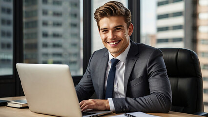 Smiling Businessman Working on Laptop at Modern Office