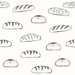 Hand-Drawn Bread Pattern Vector – Line Art Style with Croissants, Baguettes, and Pastries
