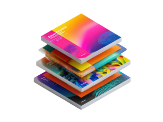 Colorful Book Stack with Abstract Cover Art on Black isolated on transparent background