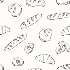 Hand-Drawn Bread Pattern Vector – Line Art Style with Croissants, Baguettes, and Pastries
