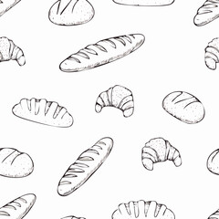 Hand-Drawn Bread Pattern Vector – Line Art Style with Croissants, Baguettes, and Pastries