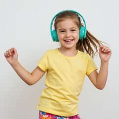 Girl Listening To Music With Headphones And Dancing, White Background