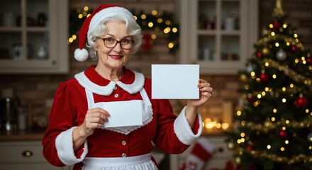 Mrs claus showing two square cards in cozy kitchen near tree. Warm home style. Holiday baking and family spirit concept. Seasonal menus, workshop invites, charity events, greeting design needs