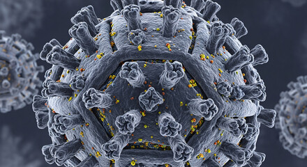 Detailed 3D Rendering of a Gray Coronavirus Particle with Spikes.
