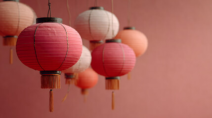 Obraz premium Close-up of vibrant red Chinese lanterns suspended against a blurred background