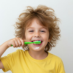 Boy Brushing Teeth, Morning Routine, White Background	
