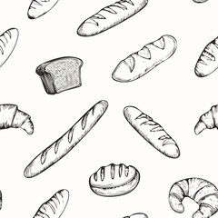 Hand-Drawn Bread Pattern Vector – Line Art Style with Croissants, Baguettes, and Pastries