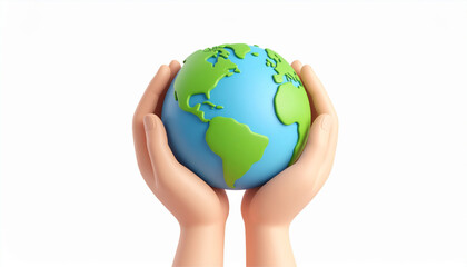 Caring hands gently cradle a stylized 3D model of planet Earth.