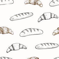 Hand-Drawn Bread Pattern Vector – Line Art Style with Croissants, Baguettes, and Pastries