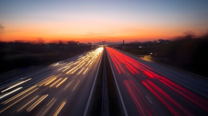 Obraz premium Highway traffic at dusk with light trails from vehicles, long exposure photography of cars moving at high speed during sunset