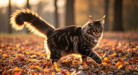 Majestic Maine Coon cat strolls through autumn leaves, bathed in golden sunlight.