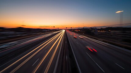 Fototapeta premium Highway traffic at dusk with light trails from vehicles, long exposure photography of cars moving at high speed during sunset