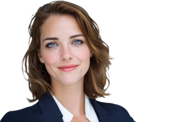 Portrait of a confident professional woman with short wavy brown hair, wearing a dark blazer and white shirt, smiling warmly against a plain background.