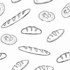 Hand-Drawn Bread Pattern Vector – Line Art Style with Croissants, Baguettes, and Pastries