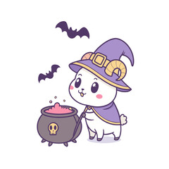 A cute cartoon sheep dressed as a witch stirs a bubbling cauldron, with bats flying above, against a white background.