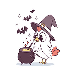 Cartoon chicken wearing a witch hat stirs a cauldron with bats and stars floating around, celebrating Halloween.