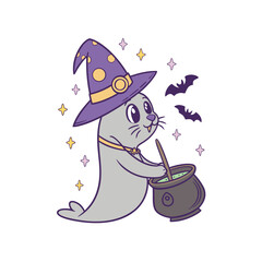 Cartoon seal wearing a witch hat stirs a cauldron with bats and sparkling stars around it.