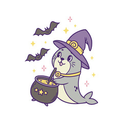 A cute cartoon seal wearing a witch hat stirs a bubbling cauldron, with bats and stars floating around.