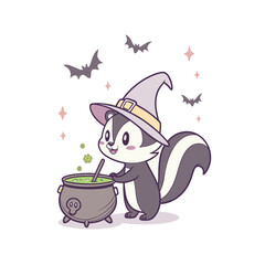 Cute cartoon skunk wearing a witch hat stirring a bubbling green potion in a cauldron, surrounded by bats and stars.