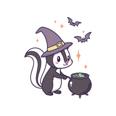 Cartoon skunk wearing a witch hat stirs a bubbling cauldron, with bats and stars floating around, isolated on white.