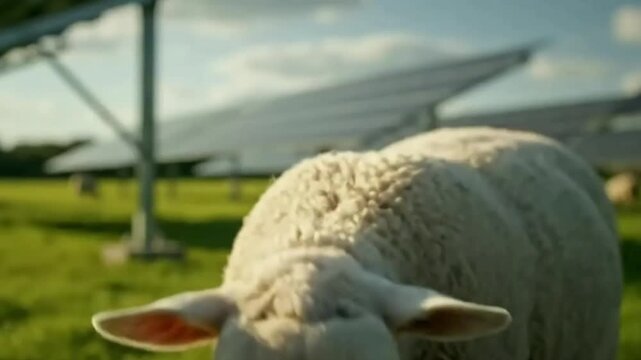 Agrivoltaic scene of a woolly sheep grazing in a green pasture with rows of solar panels in the background, blending agriculture and renewable energy.