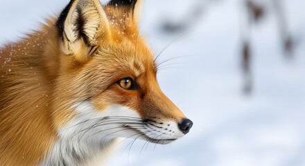 Fototapeta premium Red fox profile, winter scene, alert gaze, snowy background.
