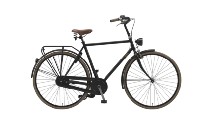 Classic black bicycle with vintage brown leather saddle and tan tires, perfect for urban commuting.