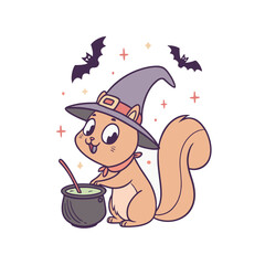 Cartoon squirrel dressed as a witch, stirring a potion in a cauldron, with bats and stars in the background.