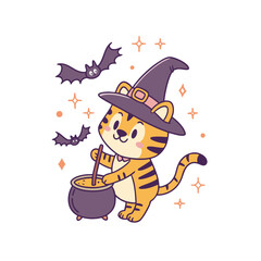 A cute tiger wearing a witch hat stirs a cauldron with a wooden spoon, surrounded by bats and sparkles, in a Halloween themed illustration.