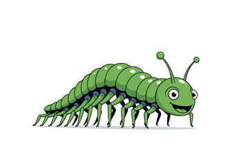 A cheerful green centipede character with many legs and antennae enjoying a sunny day in the garden