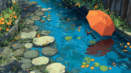 Underwater reflection of a lotus plant in a tranquil pond on a summer day