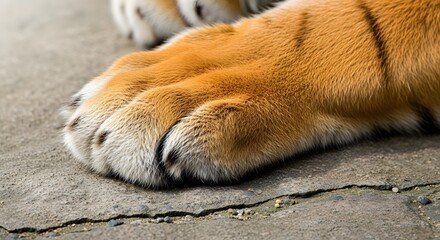 A detailed close-up of a large tiger's furry paw with black stripes resting on a cracked concrete floor.