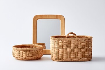 Obraz premium Elegant arrangement of woven baskets and mirror showcasing natur