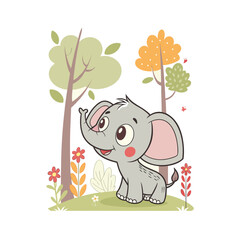 A cute cartoon baby elephant stands in a whimsical forest with trees and flowers, looking up with its trunk raised.