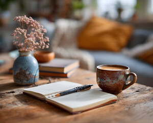 A hot cup of coffee with a book and newspaper on a wooden table, perfect for a morning break