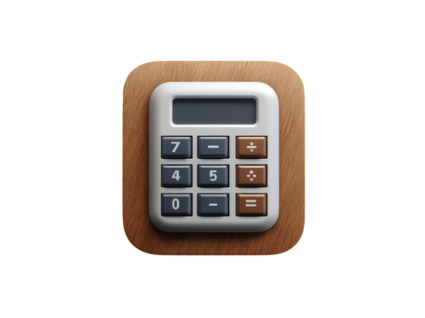 Iconic calculator app, digital arithmetic on wooden textured background isolated on transparent background - Powered by Adobe