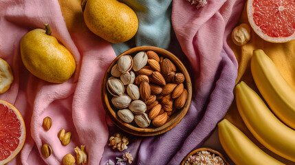 Mixed nuts in a wooden bowl with nutcracker