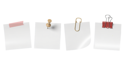 Blank notes attached with tape, pin, clip, and binder clip ready for your important messages