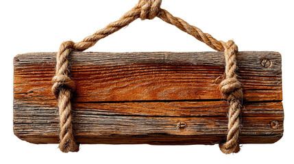 Rustic Wooden Sign with Rope: A weathered wooden sign is elegantly suspended by a sturdy rope, exuding a vintage charm and evoking a sense of timelessness. Perfect for adding character to any design.