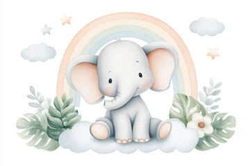 Fototapeta premium hand-drawn watercolor illustration of cute cartoon elephant sitting with rainbow and cloud,watercolor of animal on white paper background,set of funny cartoon animals