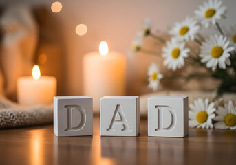 Dad blocks with candles and daisies for fathers day celebration