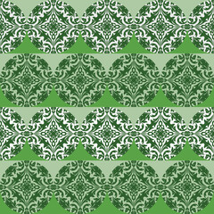  Seamless green ornamental damask pattern with circular design, perfect for upholstery, wallpapers, and artistic prints.