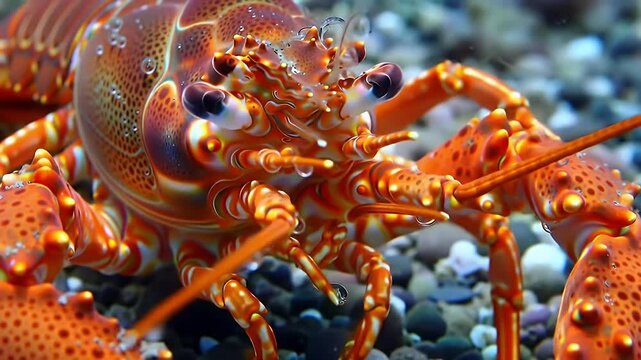 Striking Close-up of a Vivid Orange Spiny Lobster with Detailed Shell Patterns and Antennae, Captured Underwater on a Pebbled Seabed, Showcasing In...