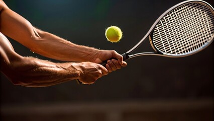 Male muscular arms and hand gripping a tennis racket, striking a tennis ball mid-air, with blurred tennis court background, focusing solely on hand, racket, and ball