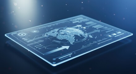 Futuristic Digital Tablet with World Map and Data Visualization.