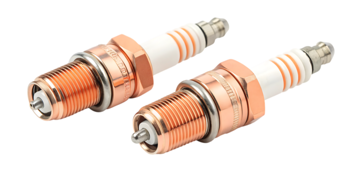 Two copper spark plugs isolated on transparent background