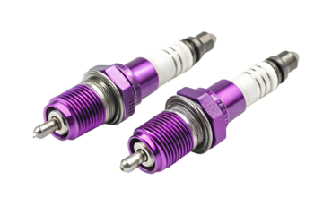 Pair of high performance purple spark plugs isolated on transparent background