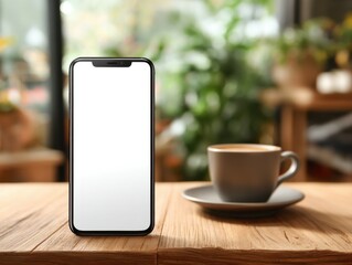 A Relaxing Morning Scene Featuring a Smartphone Resting on a Wooden Table Beside a Steaming Cup of Coffee Inviting Calm and Focused Energy